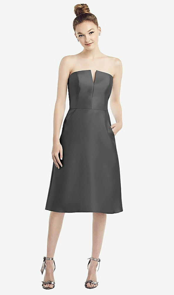 Front View - Pewter Strapless Notch Satin Cocktail Dress with Pockets