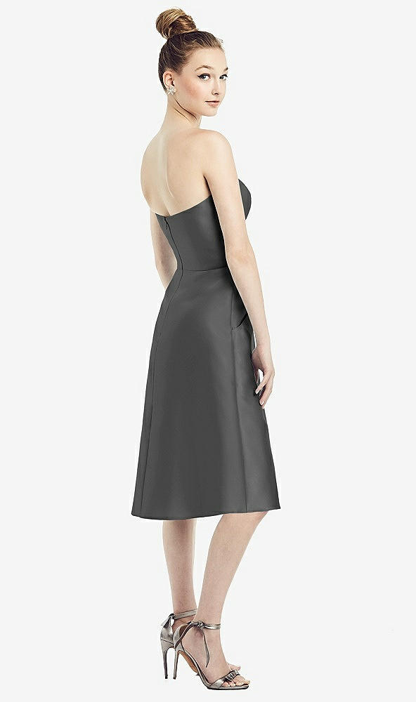 Back View - Pewter Strapless Notch Satin Cocktail Dress with Pockets