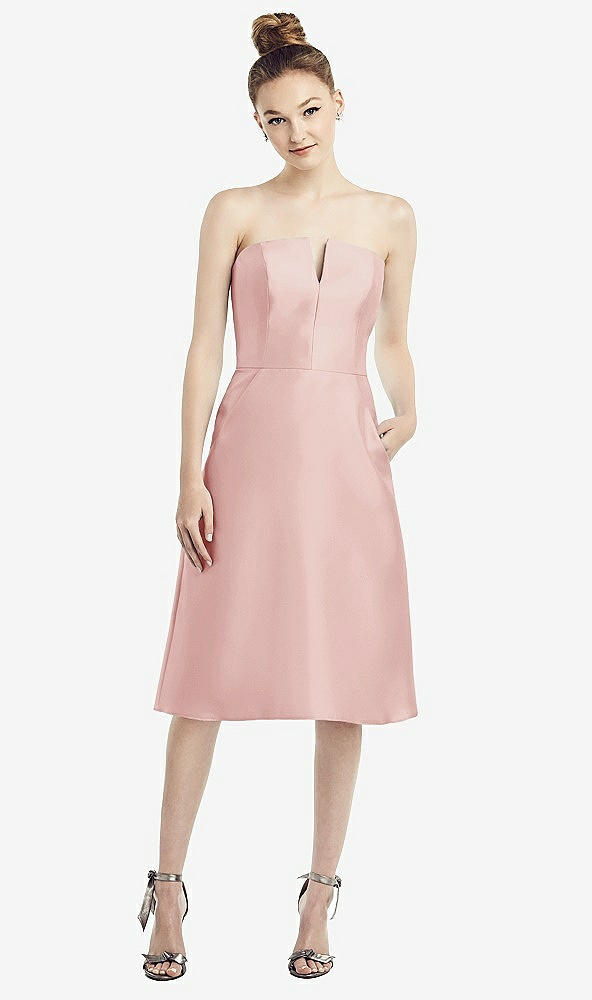 Front View - Rose Strapless Notch Satin Cocktail Dress with Pockets