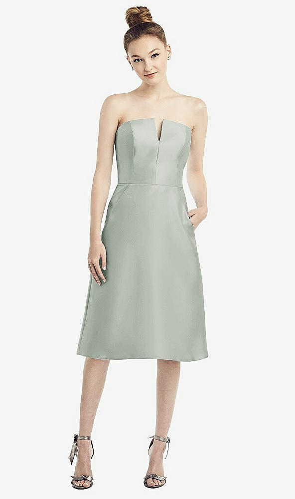 Front View - Willow Green Strapless Notch Satin Cocktail Dress with Pockets