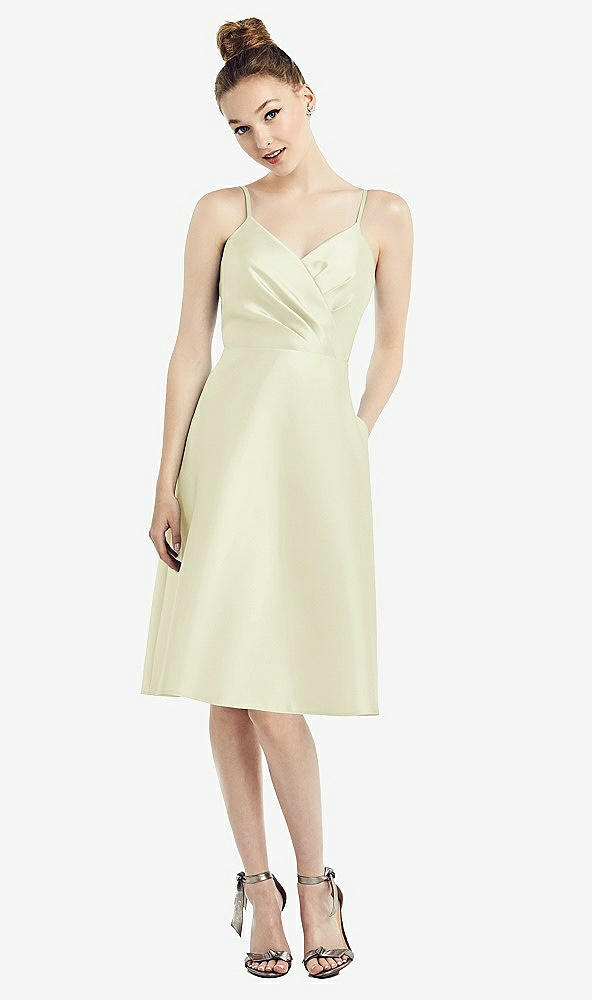 Front View - Butter Yellow Draped Faux Wrap Cocktail Dress with Pockets