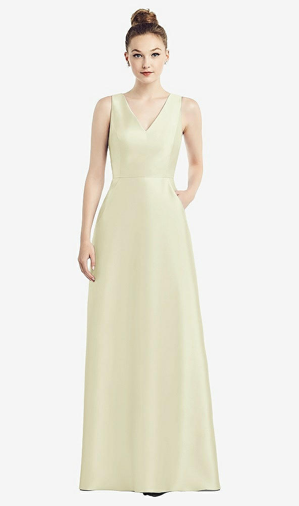 Front View - Butter Yellow Sleeveless V-Neck Satin Dress with Pockets