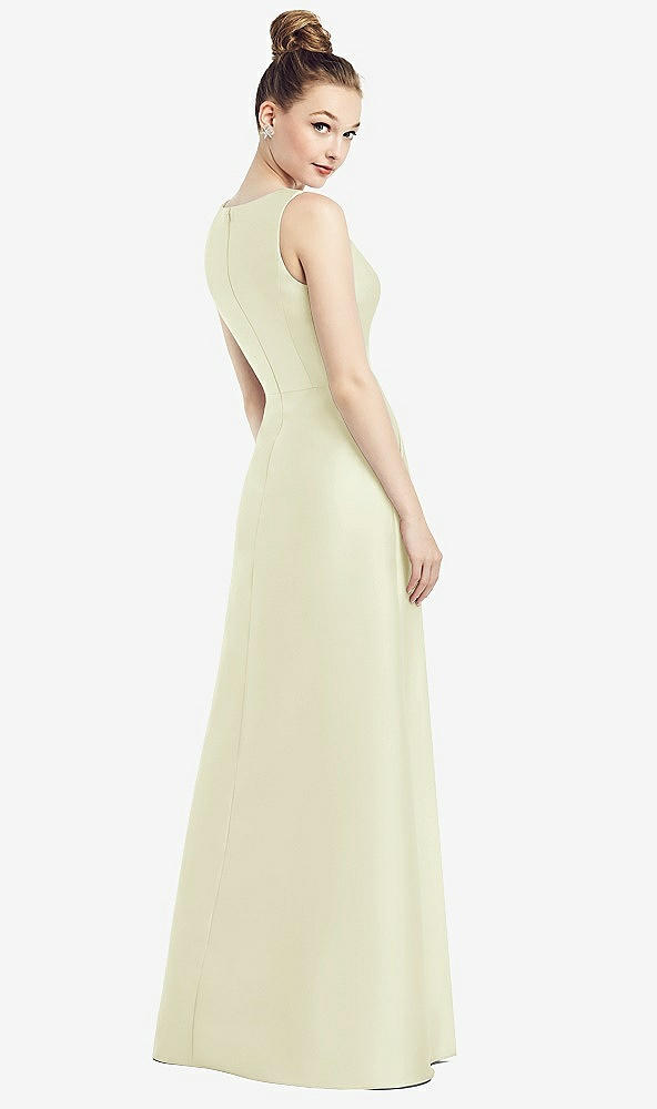 Back View - Butter Yellow Sleeveless V-Neck Satin Dress with Pockets