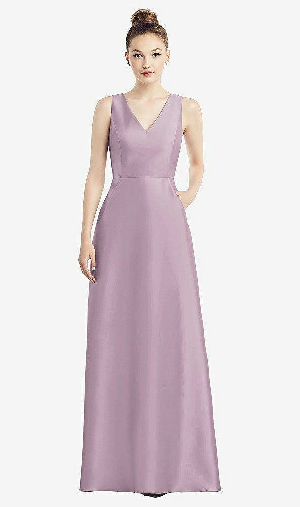 Front View - Suede Rose Sleeveless V-Neck Satin Dress with Pockets