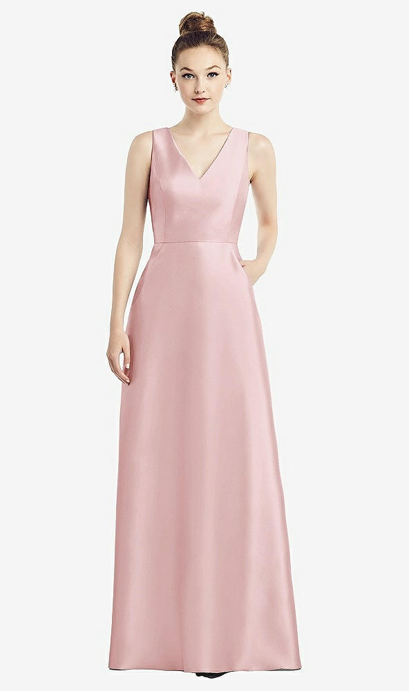 Front View - Ballet Pink Sleeveless V-Neck Satin Dress with Pockets