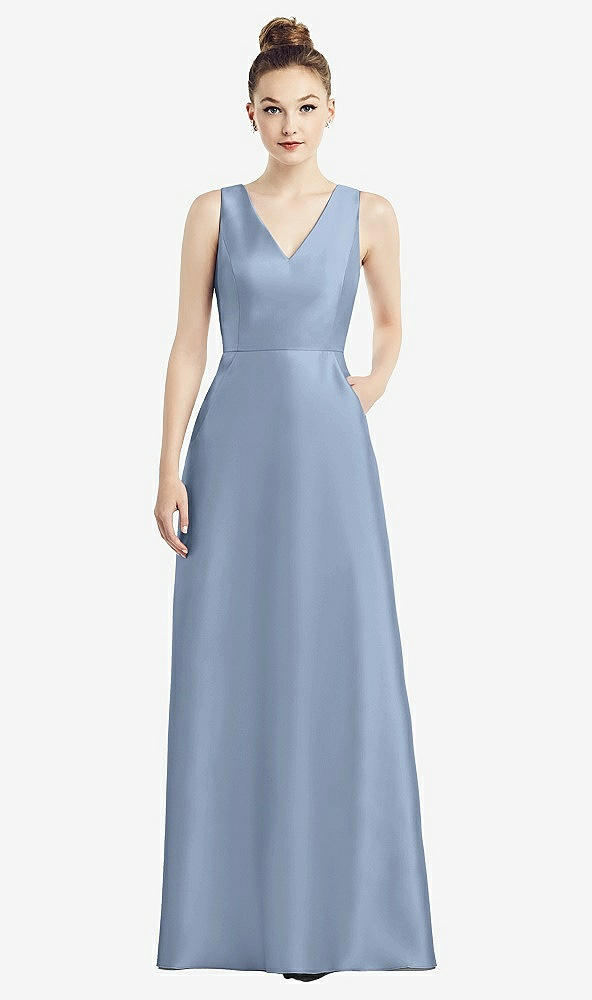 Front View - Cloudy Sleeveless V-Neck Satin Dress with Pockets