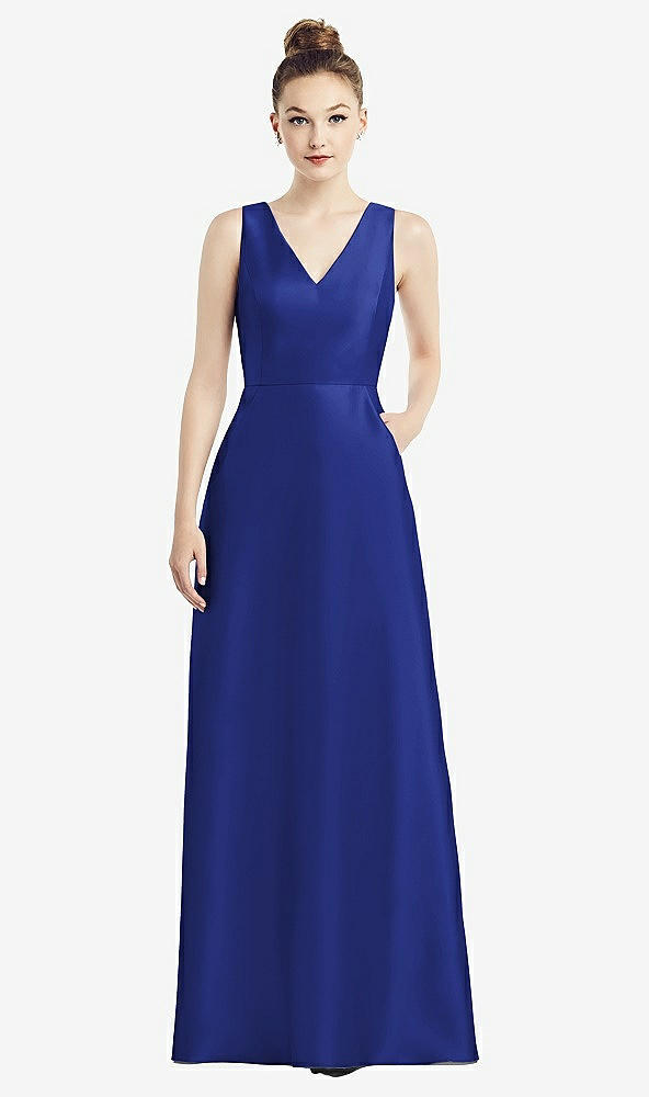 Front View - Cobalt Blue Sleeveless V-Neck Satin Dress with Pockets