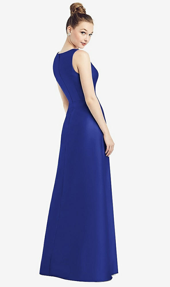 Back View - Cobalt Blue Sleeveless V-Neck Satin Dress with Pockets