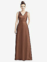 Front View Thumbnail - Cognac Sleeveless V-Neck Satin Dress with Pockets