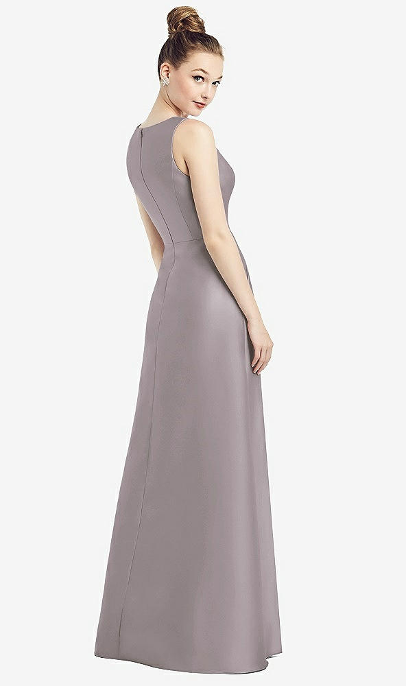 Back View - Cashmere Gray Sleeveless V-Neck Satin Dress with Pockets