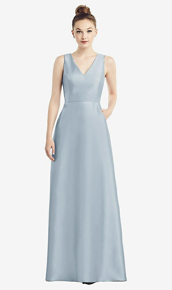 Front View - Mist Sleeveless V-Neck Satin Dress with Pockets