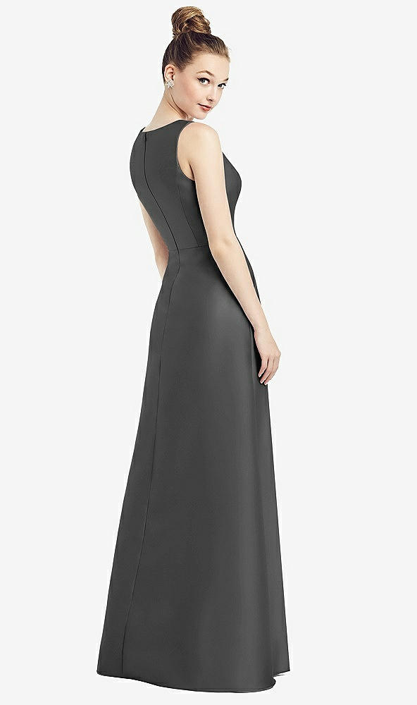 Back View - Pewter Sleeveless V-Neck Satin Dress with Pockets