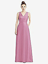 Front View Thumbnail - Powder Pink Sleeveless V-Neck Satin Dress with Pockets