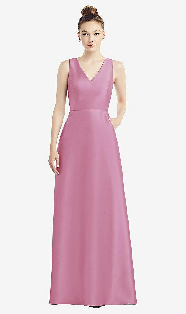 Front View - Powder Pink Sleeveless V-Neck Satin Dress with Pockets