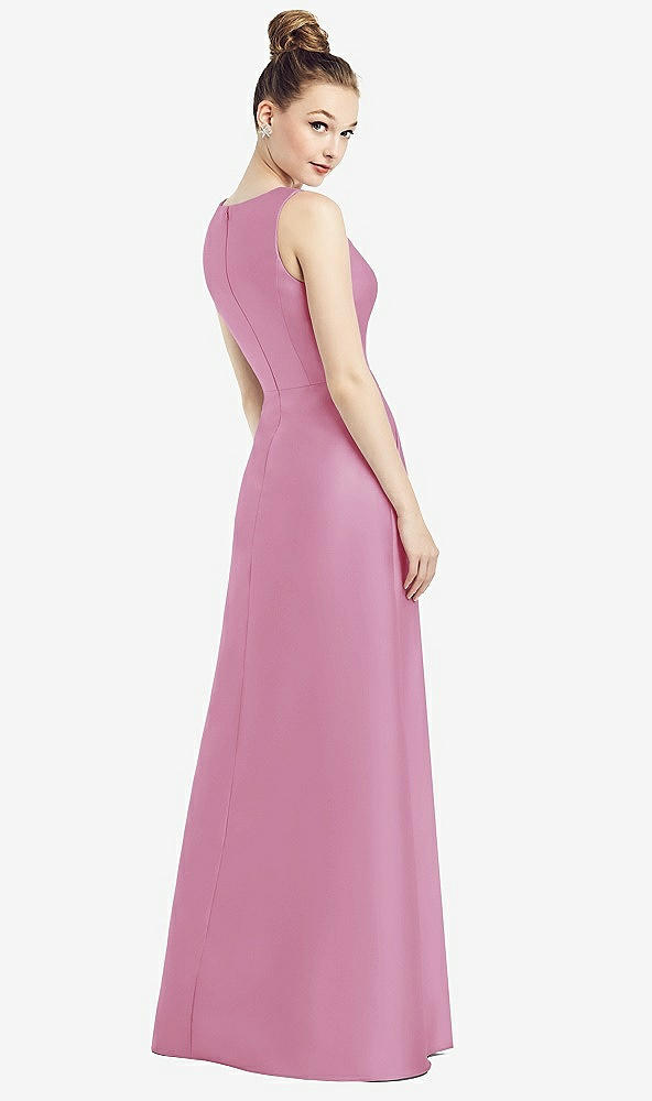 Back View - Powder Pink Sleeveless V-Neck Satin Dress with Pockets