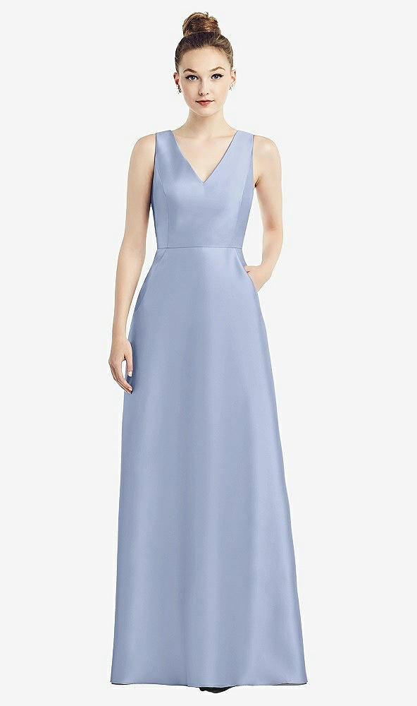 Front View - Sky Blue Sleeveless V-Neck Satin Dress with Pockets
