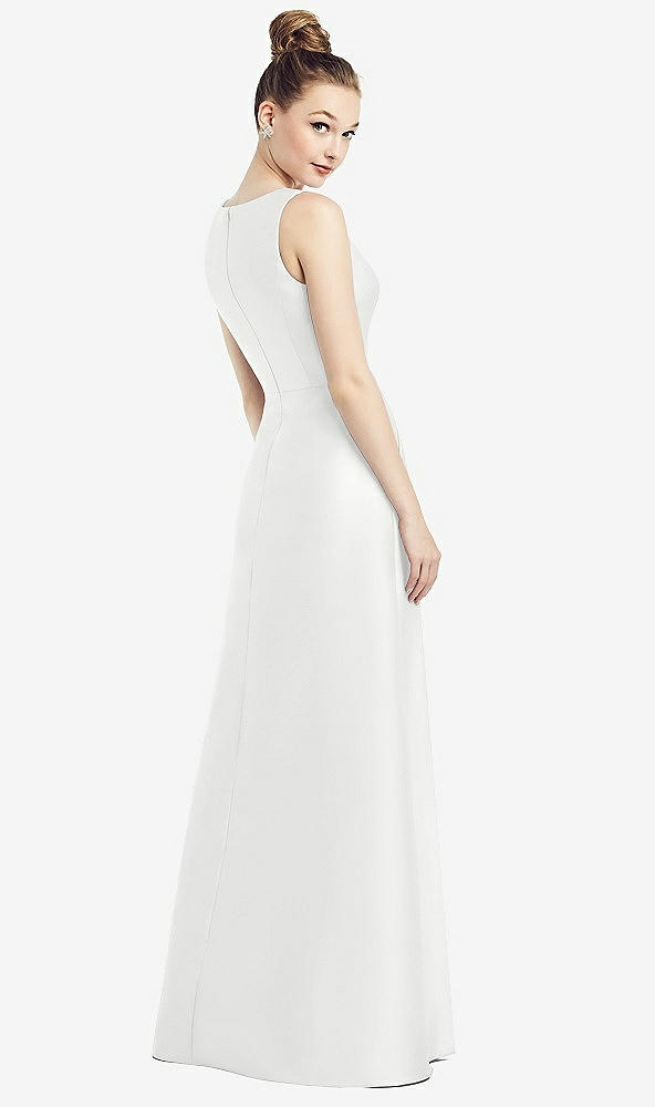 Back View - White Sleeveless V-Neck Satin Dress with Pockets