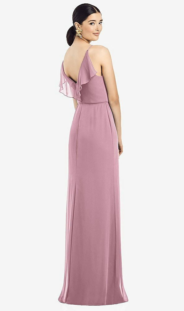 Front View - Dusty Pink Ruffled Back Chiffon Dress with Jeweled Sash