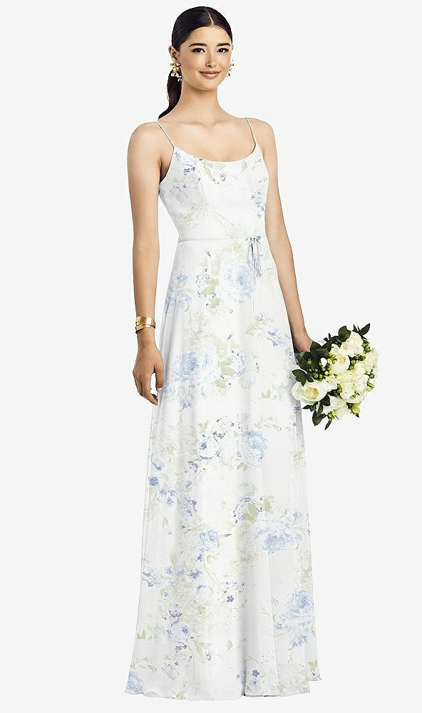 Front View - Bleu Garden Spaghetti Strap Chiffon Maxi Dress with Jeweled Sash