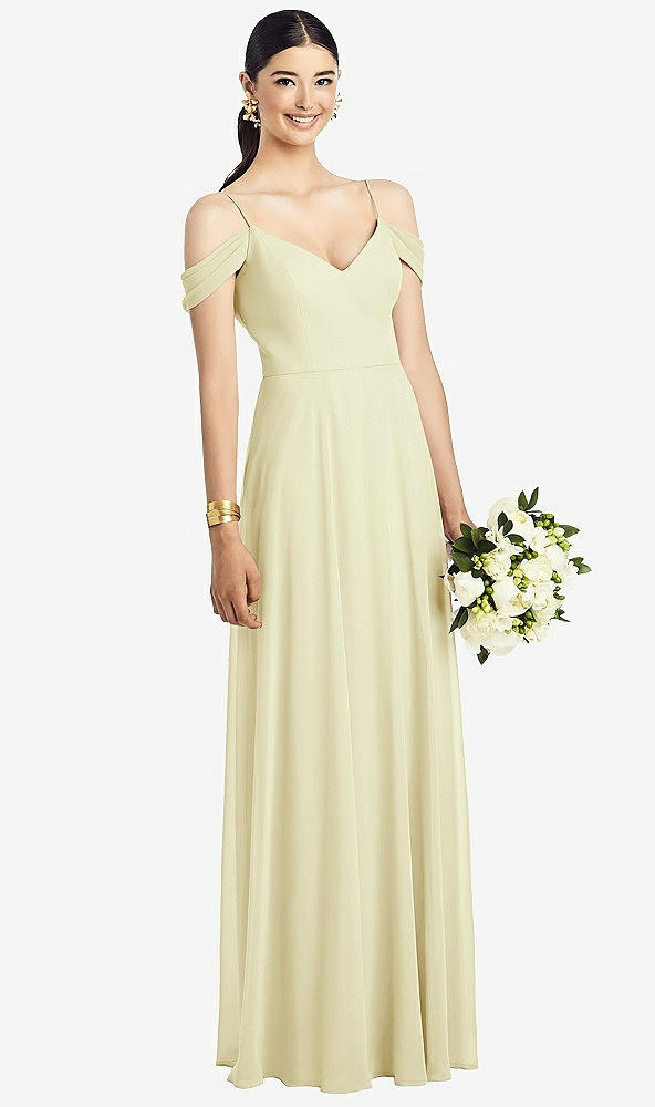 Front View - Butter Yellow Cold-Shoulder V-Back Chiffon Maxi Dress