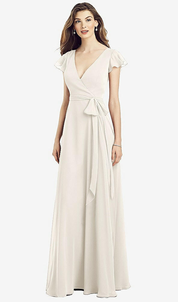 Front View - Ivory Flutter Sleeve Faux Wrap Chiffon Dress