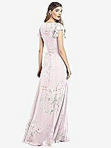 Rear View Thumbnail - Watercolor Print Flutter Sleeve Faux Wrap Chiffon Dress