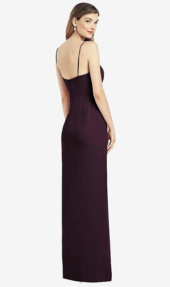 Back View - Deep Plum Spaghetti Strap Draped Skirt Gown with Front Slit