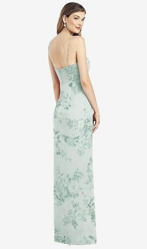 Back View - Mint Green Floral Spaghetti Strap Draped Skirt Gown with Front Slit
