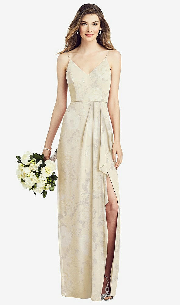 Front View - Butter Yellow Floral Spaghetti Strap Draped Skirt Gown with Front Slit