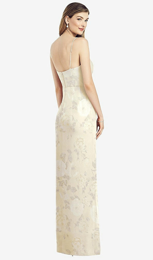 Back View - Butter Yellow Floral Spaghetti Strap Draped Skirt Gown with Front Slit