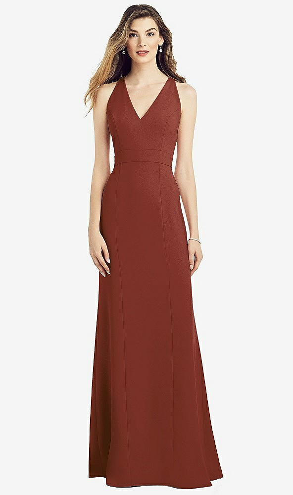 Front View - Auburn Moon V-Neck Keyhole Back Crepe Trumpet Gown
