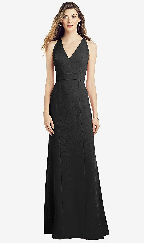 Front View - Black V-Neck Keyhole Back Crepe Trumpet Gown