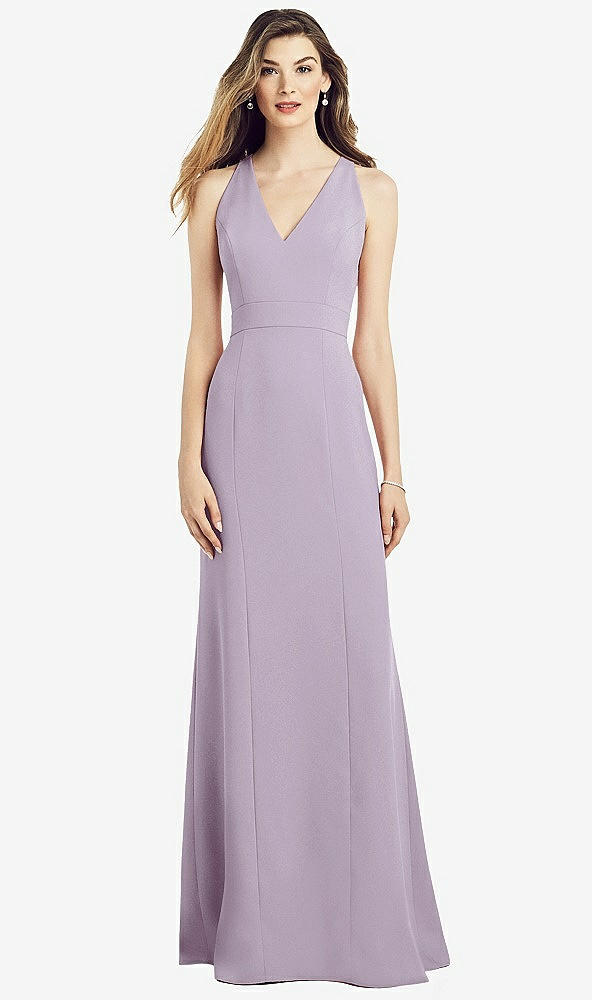 Front View - Lilac Haze V-Neck Keyhole Back Crepe Trumpet Gown