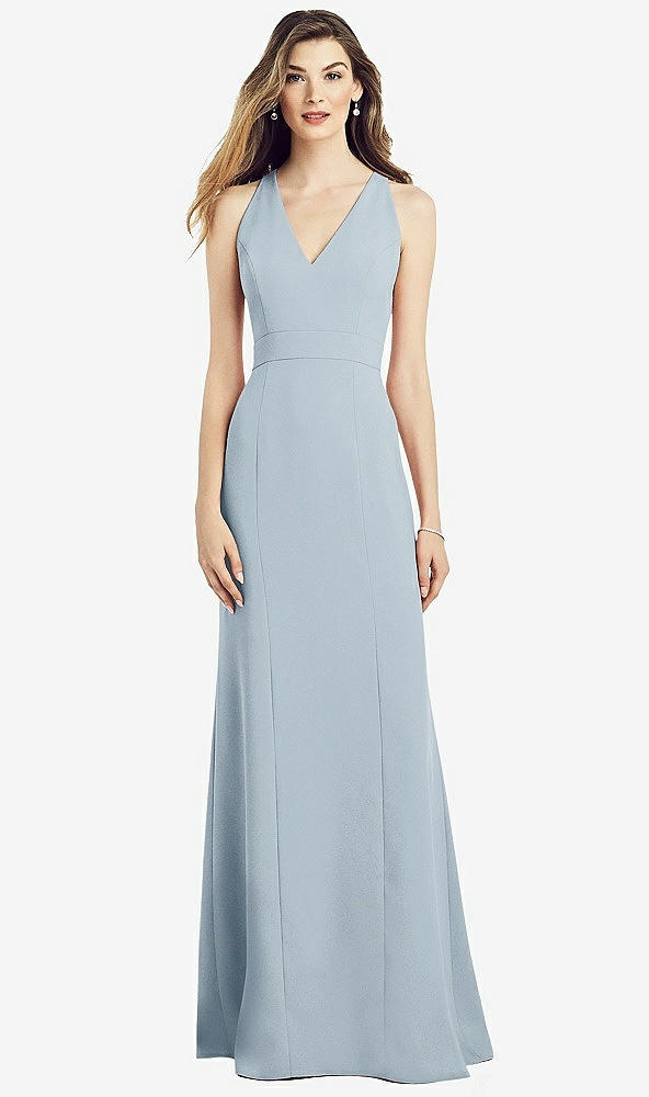 Front View - Mist V-Neck Keyhole Back Crepe Trumpet Gown