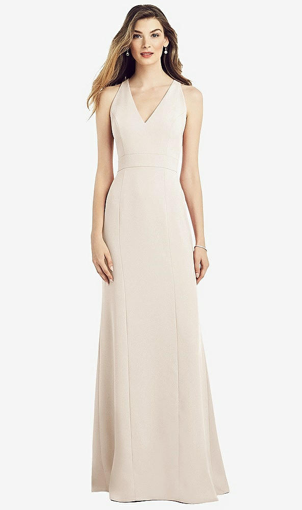 Front View - Oat V-Neck Keyhole Back Crepe Trumpet Gown