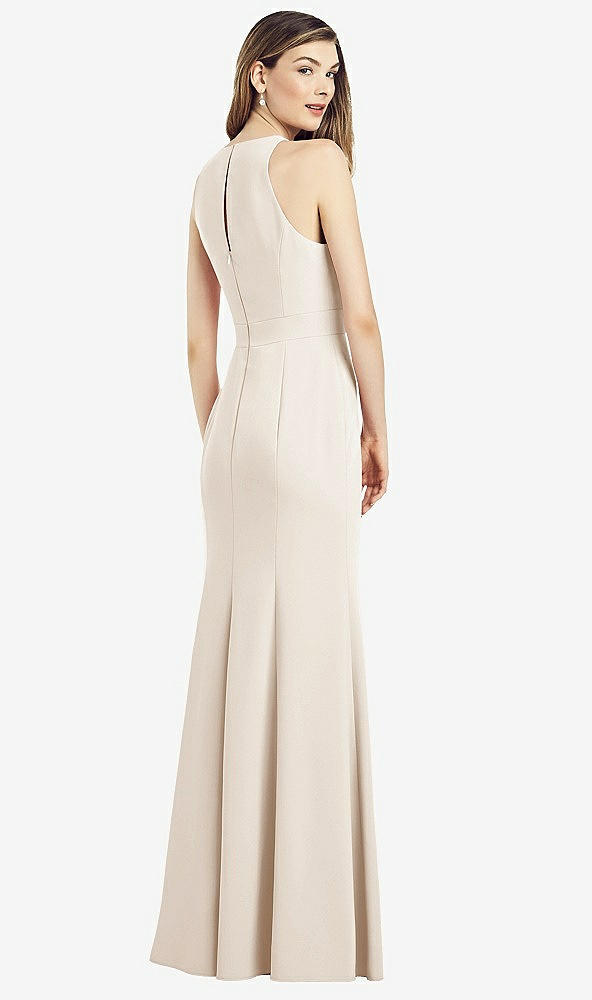 Back View - Oat V-Neck Keyhole Back Crepe Trumpet Gown