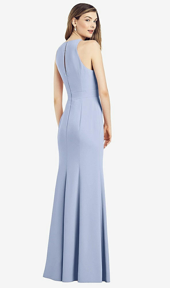 Back View - Sky Blue V-Neck Keyhole Back Crepe Trumpet Gown