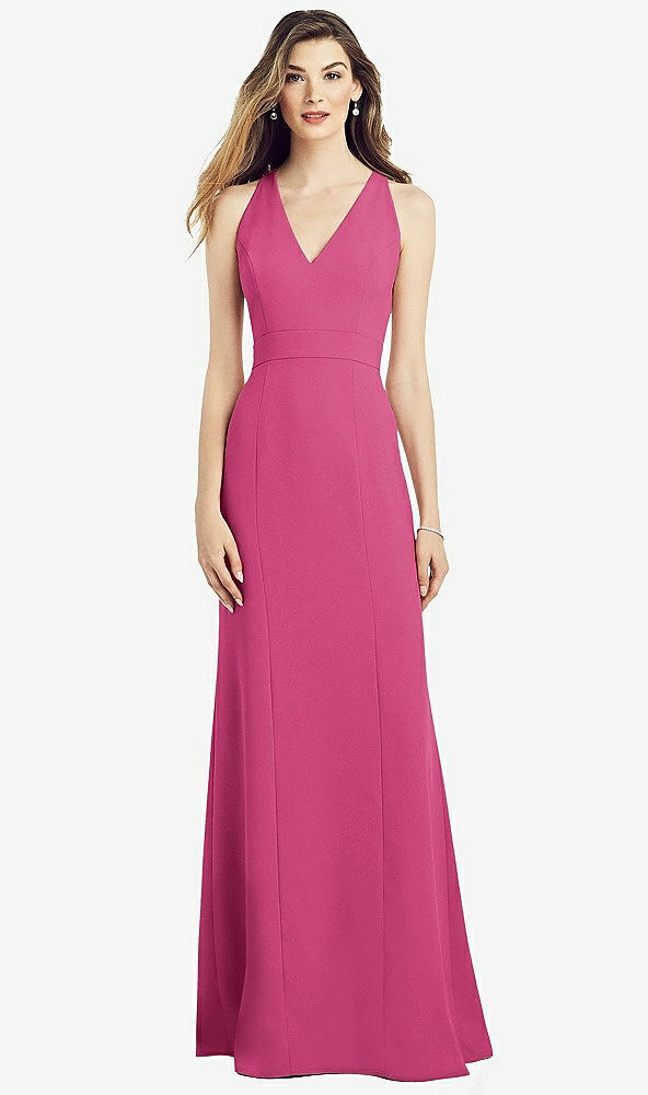 Front View - Tea Rose V-Neck Keyhole Back Crepe Trumpet Gown