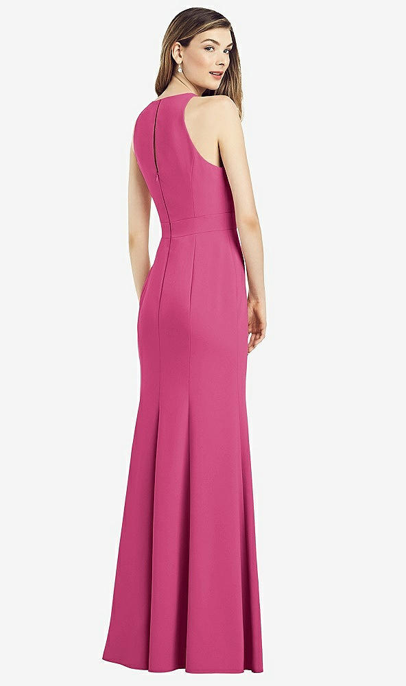 Back View - Tea Rose V-Neck Keyhole Back Crepe Trumpet Gown