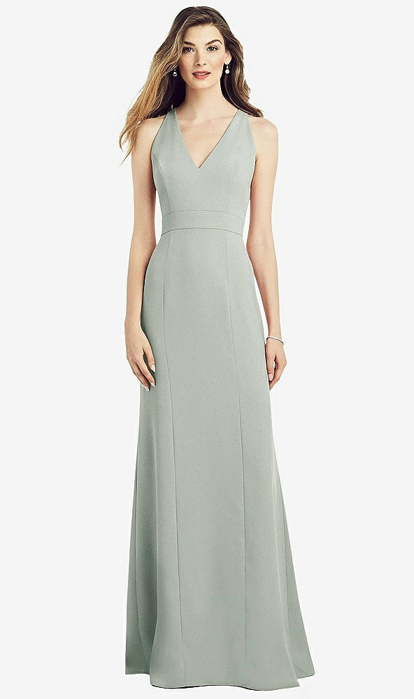 Front View - Willow Green V-Neck Keyhole Back Crepe Trumpet Gown