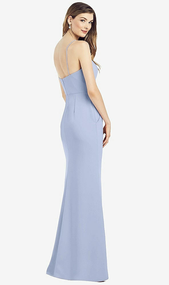 Back View - Sky Blue Spaghetti Strap A-line Crepe Dress with Pockets