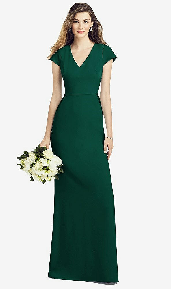 Front View - Hunter Green Cap Sleeve A-line Crepe Gown with Pockets