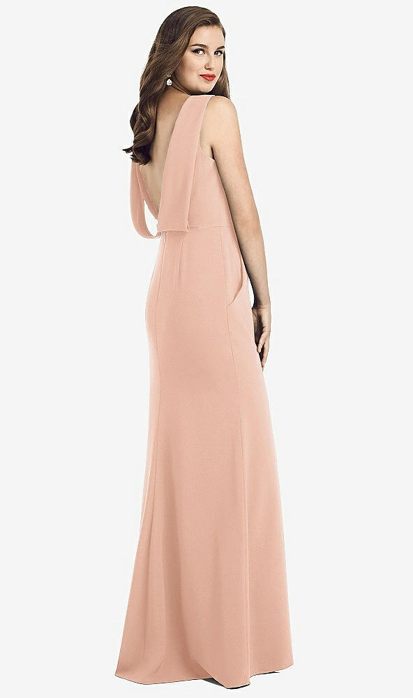 Front View - Pale Peach Draped Backless Crepe Dress with Pockets