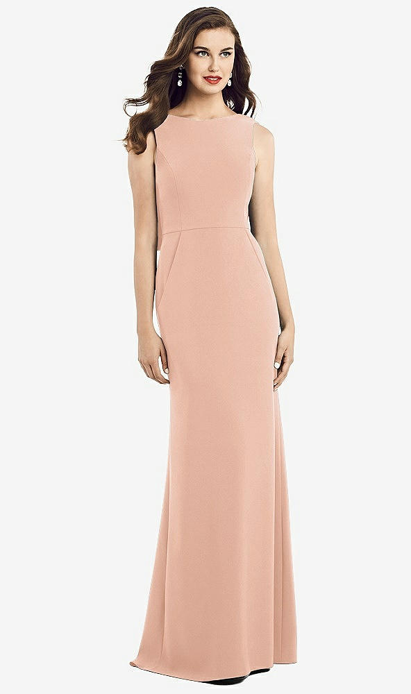 Back View - Pale Peach Draped Backless Crepe Dress with Pockets
