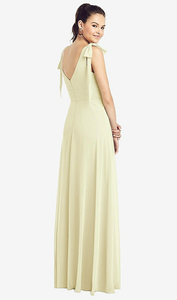 Back View - Butter Yellow Bow-Shoulder V-Back Chiffon Gown with Front Slit