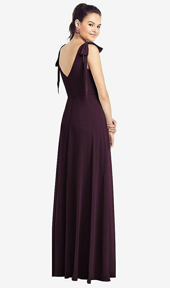 Back View - Deep Plum Bow-Shoulder V-Back Chiffon Gown with Front Slit