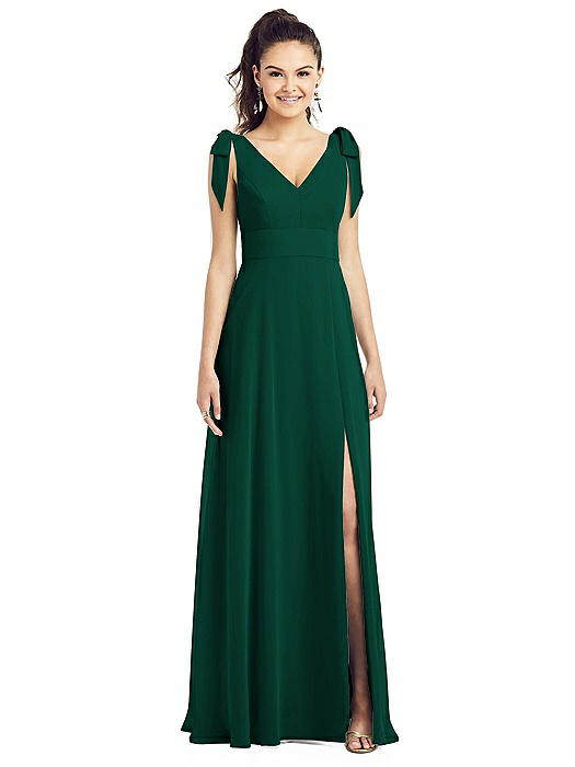 Bow-Shoulder V-Back Chiffon Gown with Front Slit