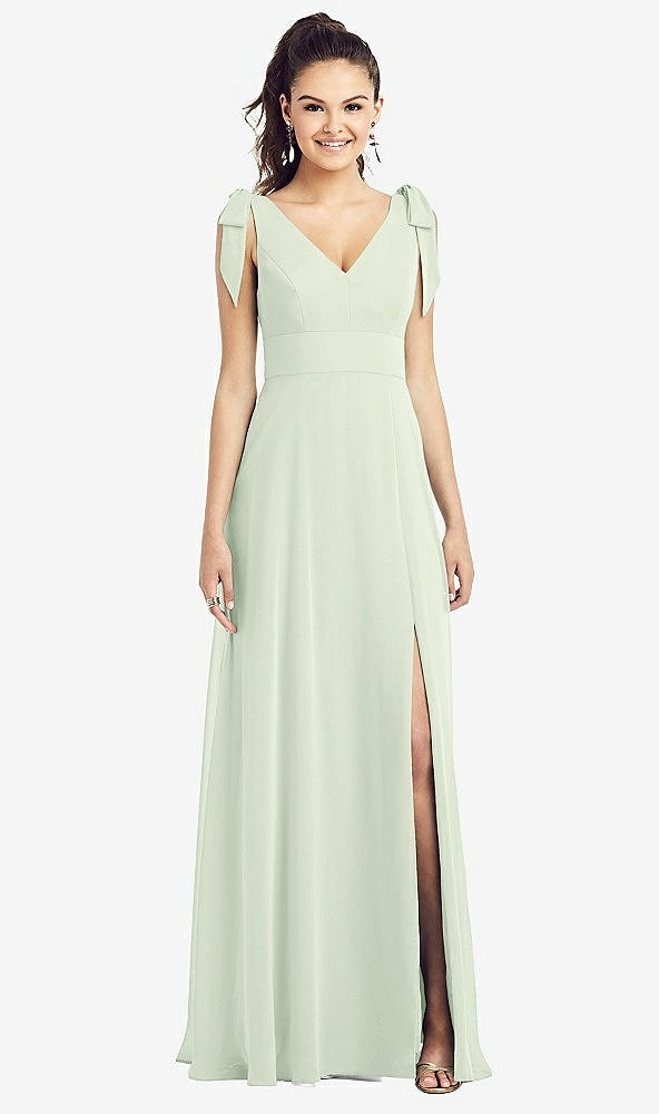 Front View - Mint Green Bow-Shoulder V-Back Chiffon Gown with Front Slit