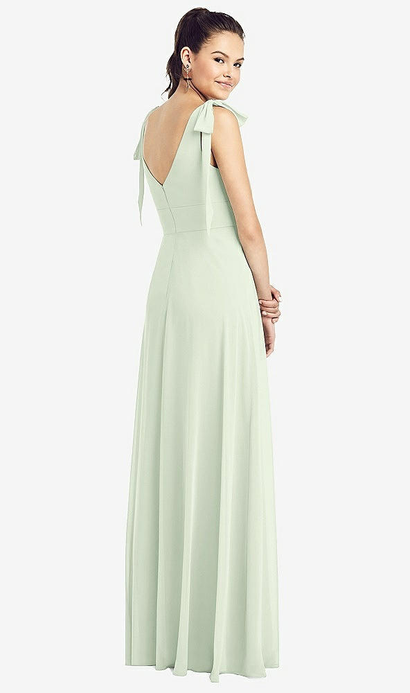 Back View - Mint Green Bow-Shoulder V-Back Chiffon Gown with Front Slit