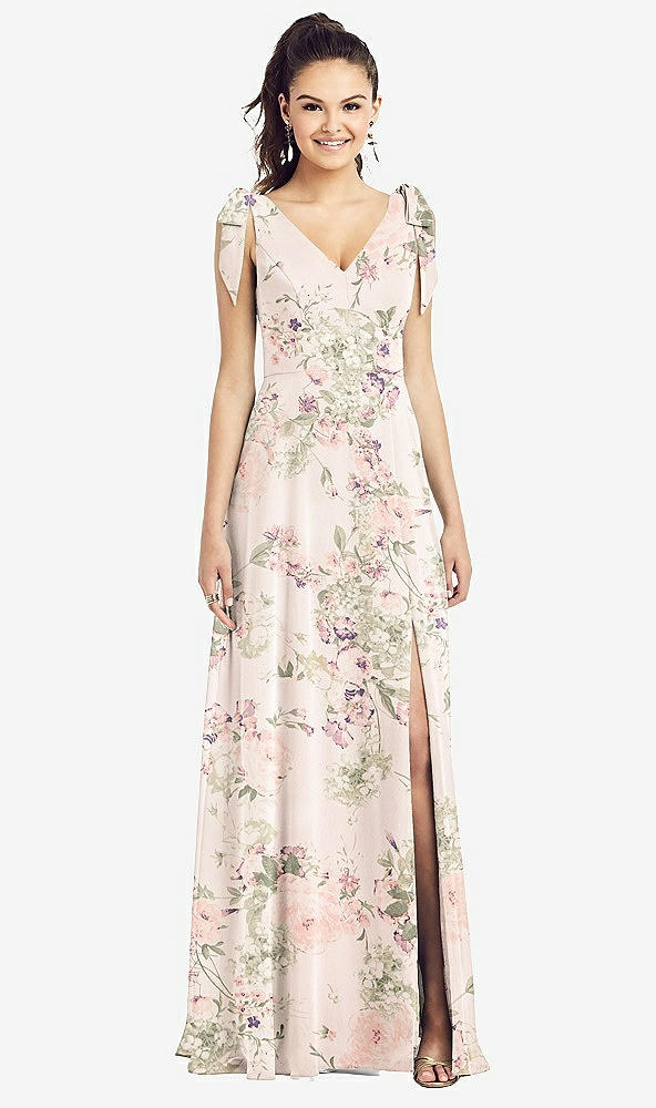 Front View - Blush Garden Bow-Shoulder V-Back Chiffon Gown with Front Slit